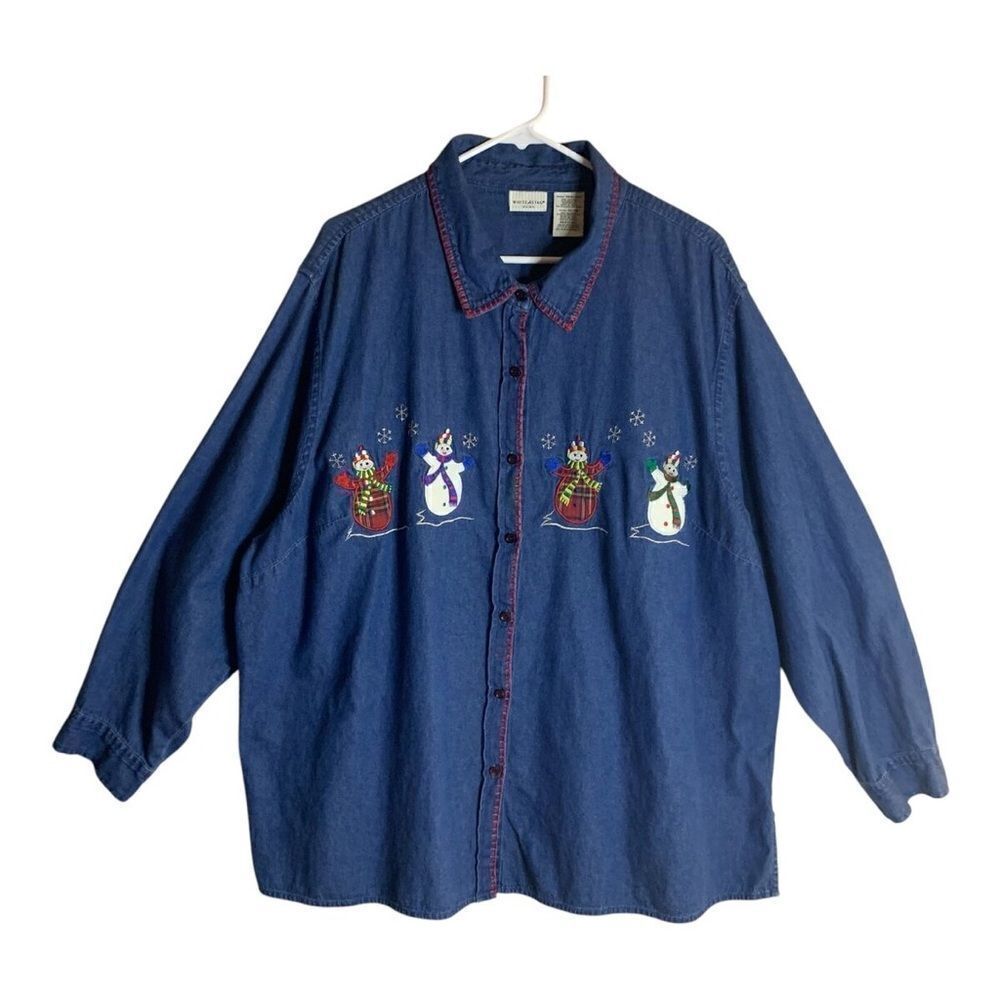 White Stag Plus Size Denim Snowman Embroidered Holiday Shirt